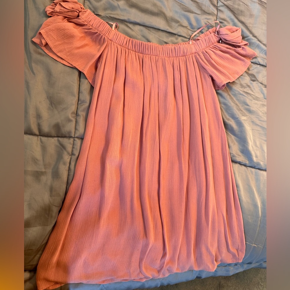Pink Off-Shoulder Dress with bow on the sides where you can adjust to .